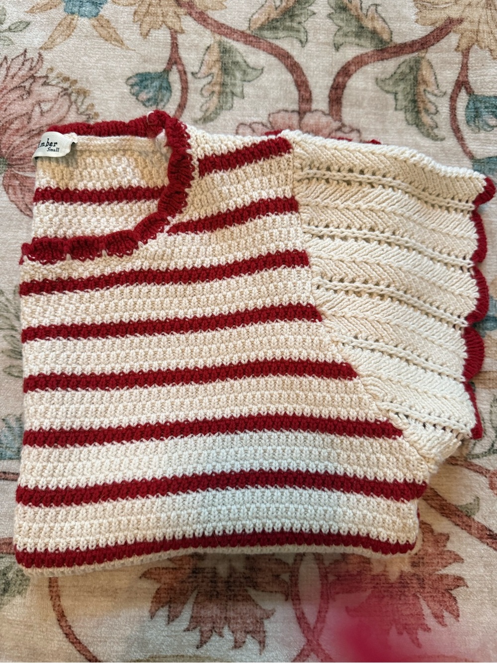 Striped Crochet Poncho Sweater - Cream & Red